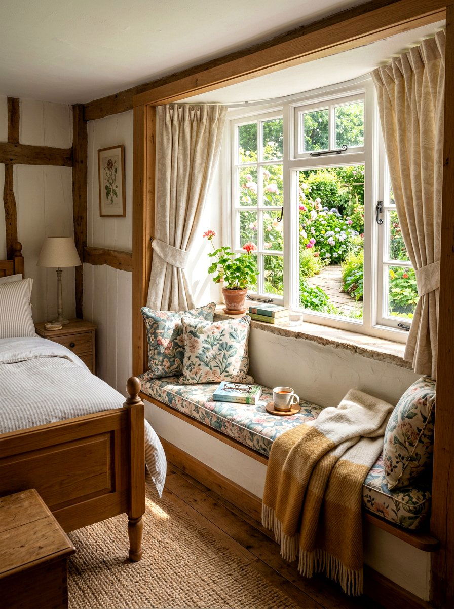 Window seat nook - 30 romantic cottage bedroom ideas