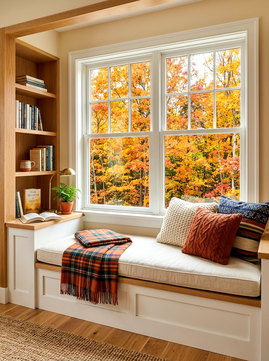 Window seat reading nook - 30 cozy library fall ideas