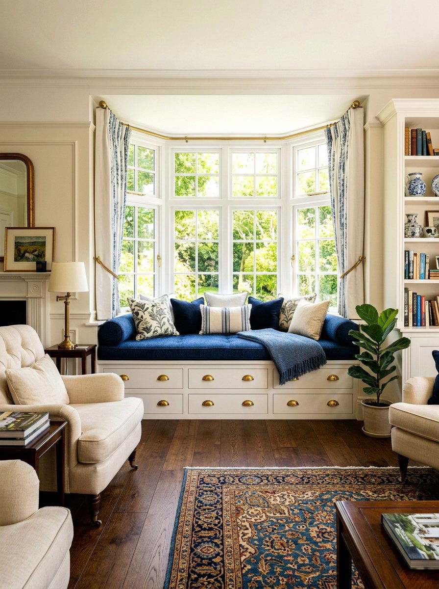 Window seat with drawers - 30 family friendly living room storage ideas
