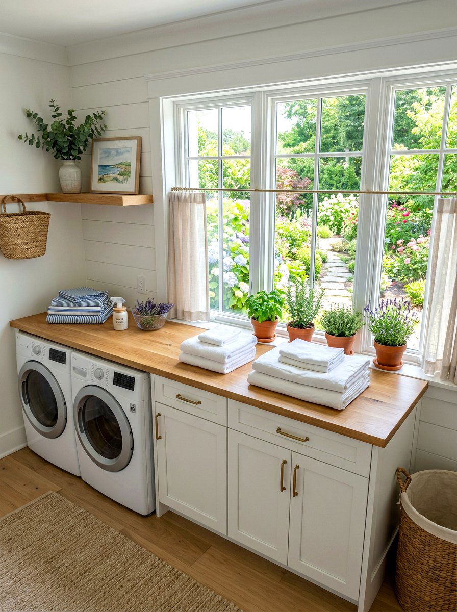 Window side laundry folding counter - 30 laundry room folding station ideas