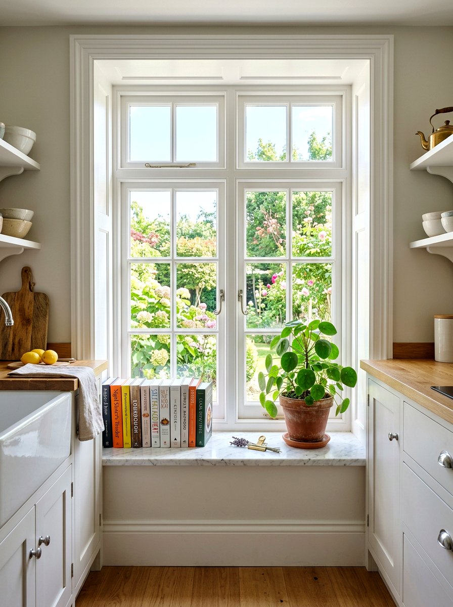 Window sill book display - 30 cookbook shelf kitchen ideas