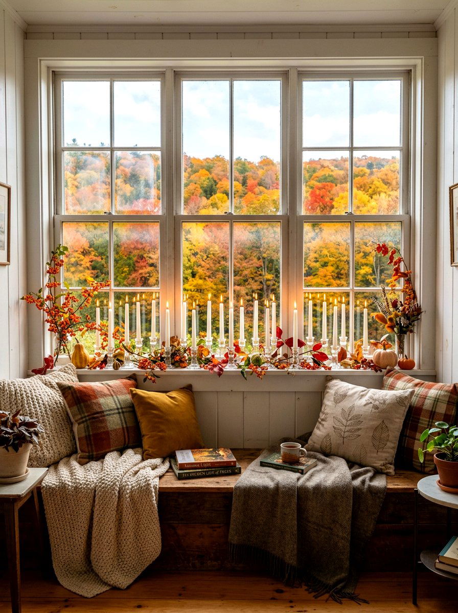 Window sill fall candle display - 30 candle heavy fall decor ideas