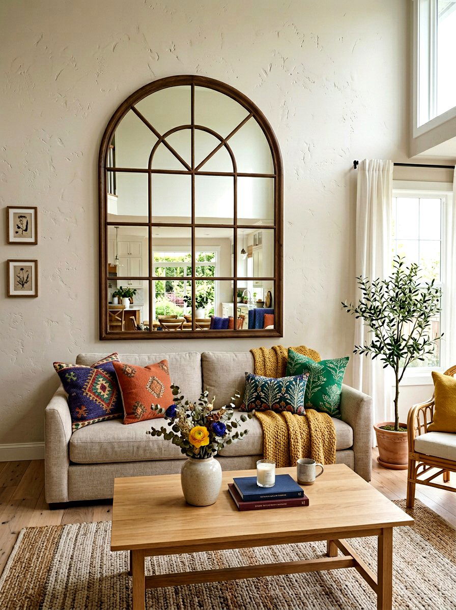 Windowpane arched mirror living room - 30 arched mirror decor ideas