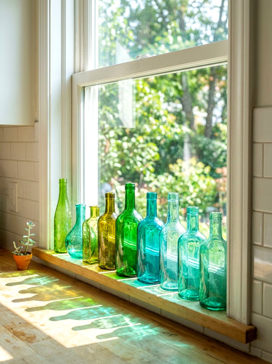 Windowsill Colored Glass Bottles - 30 windowsill kitchen decor ideas