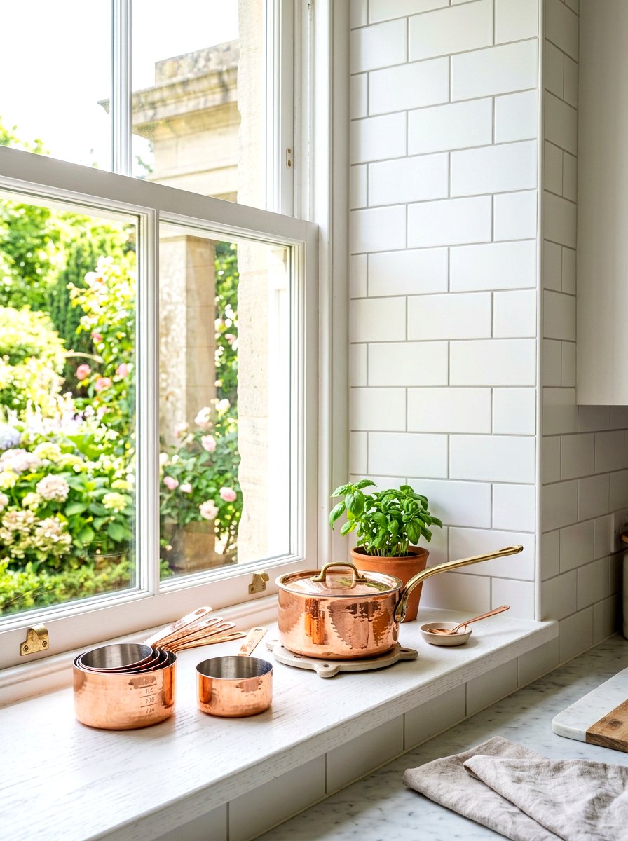 Windowsill Copper Kitchenware - 30 windowsill kitchen decor ideas