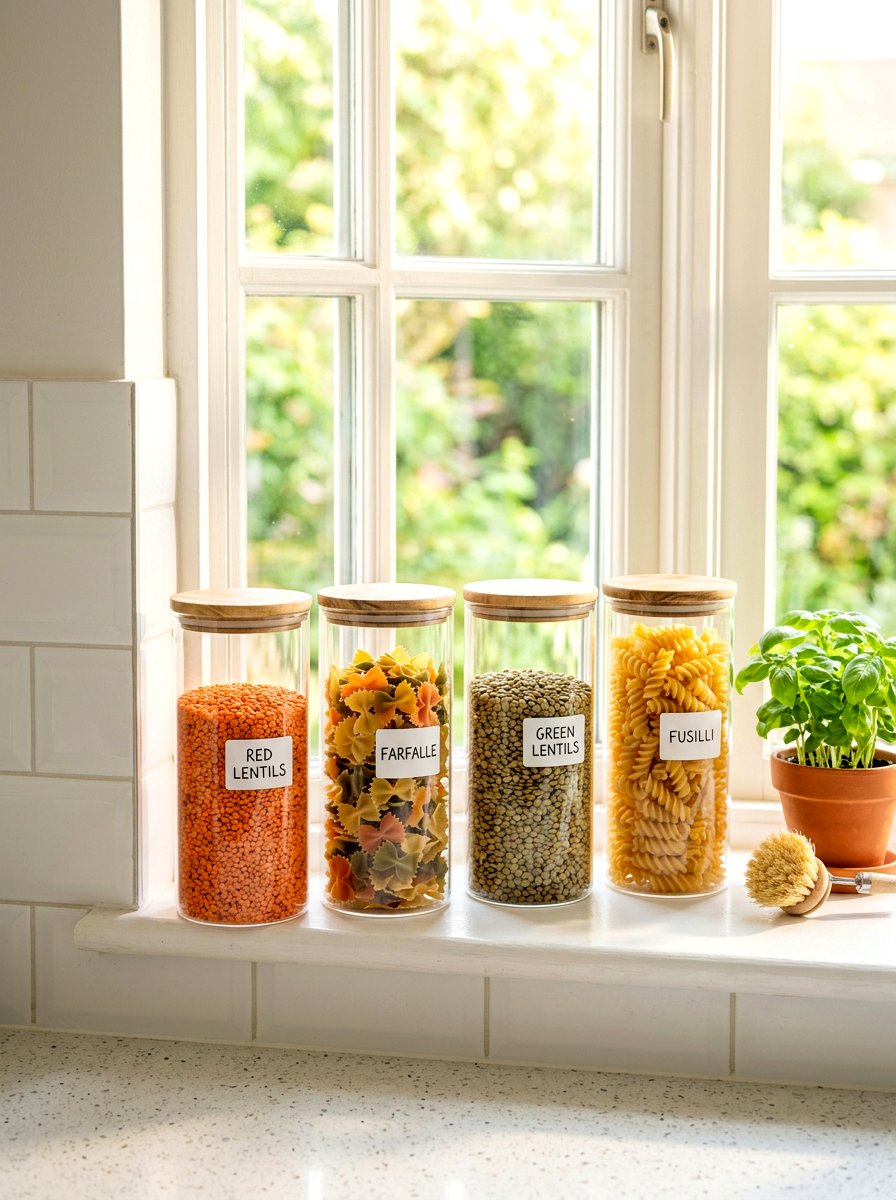 Windowsill Glass Storage Jars - 30 windowsill kitchen decor ideas