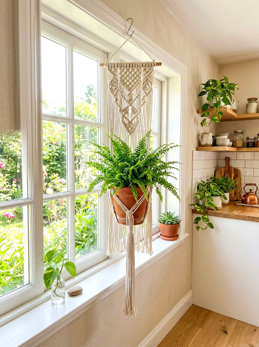 Windowsill Macrame Plant Hanger - 30 windowsill kitchen decor ideas