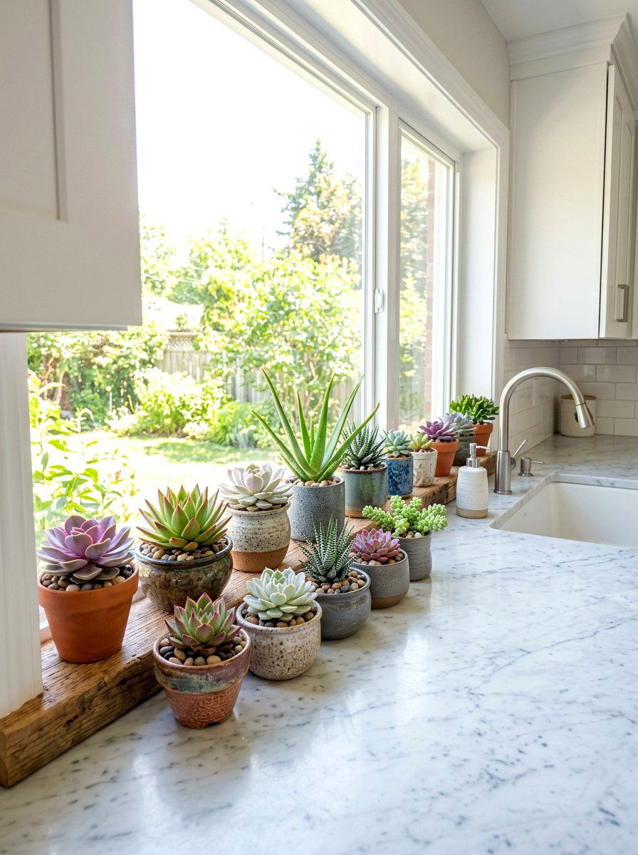 Windowsill Potted Succulents - 30 windowsill kitchen decor ideas
