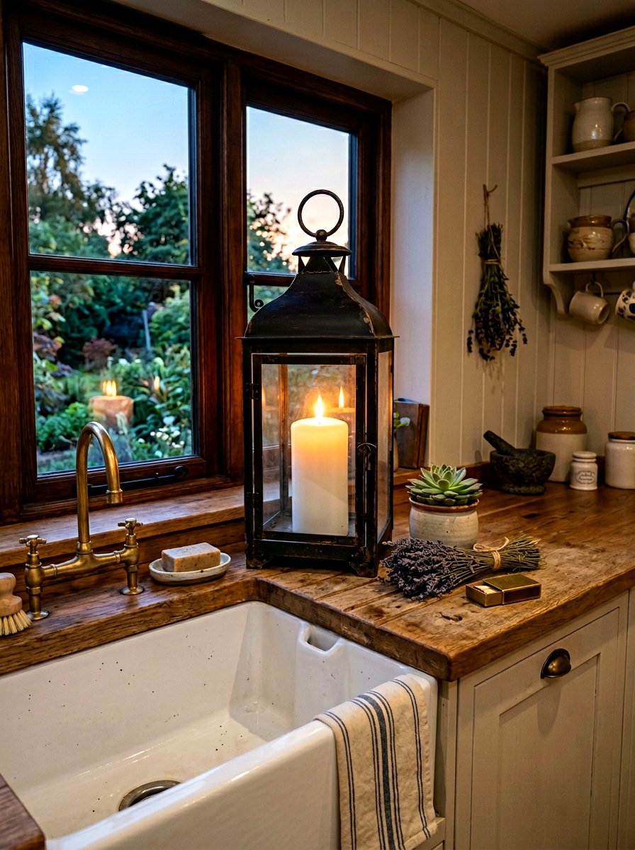 Windowsill Rustic Lantern - 30 windowsill kitchen decor ideas
