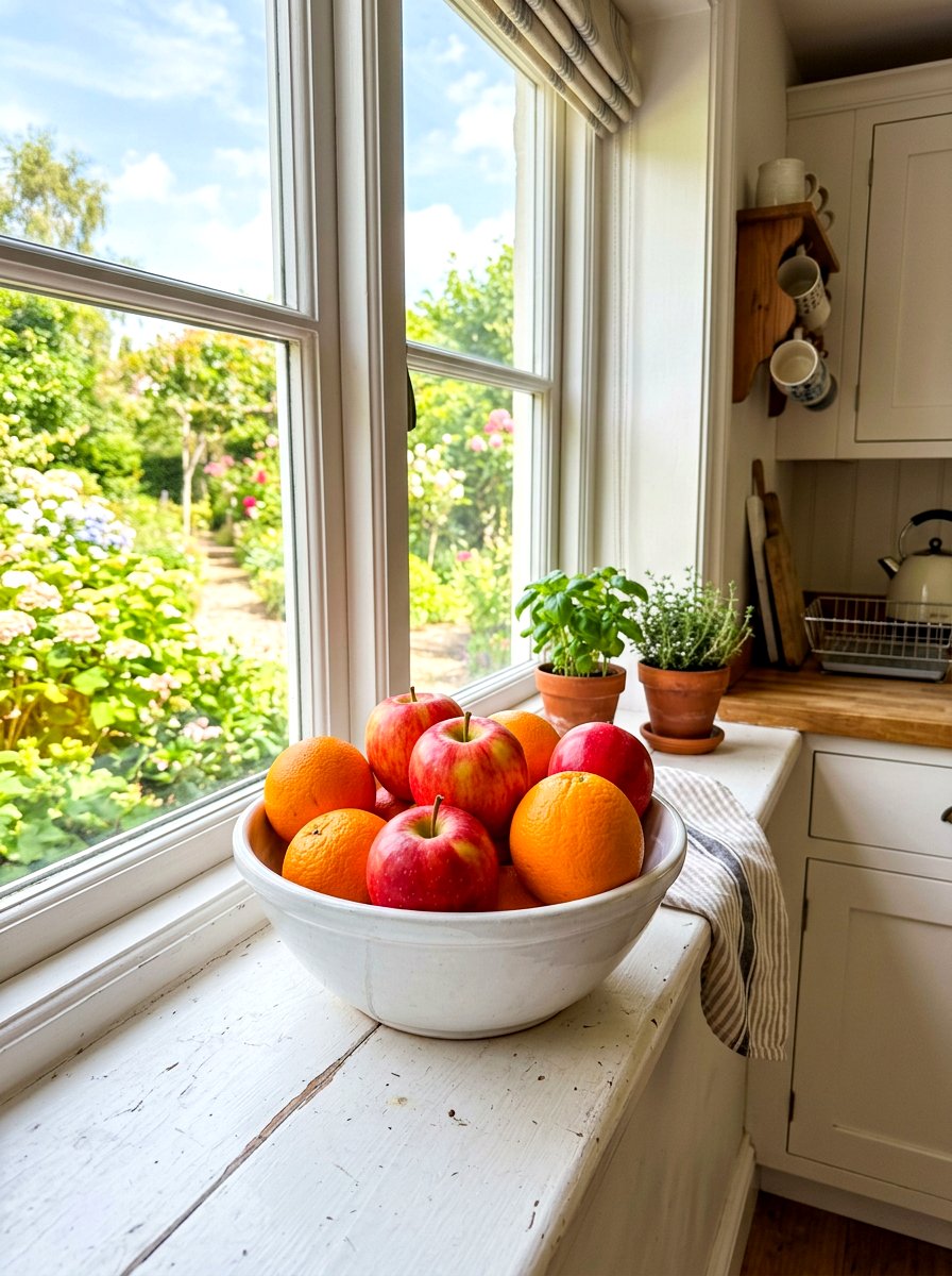Windowsill Seasonal Fruit Bowl - 30 windowsill kitchen decor ideas