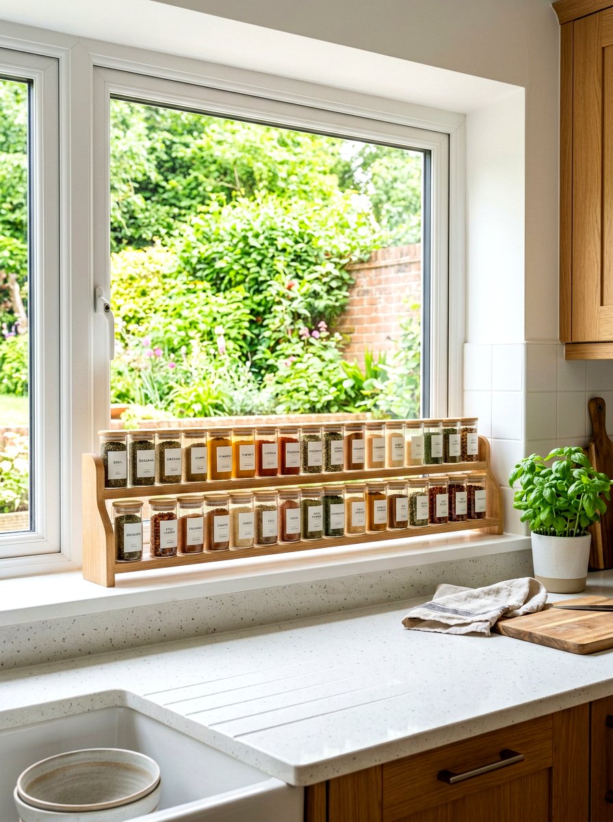 Windowsill Spice Jar Organization - 30 windowsill kitchen decor ideas