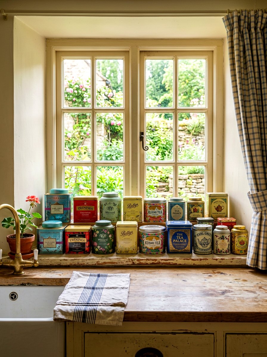 Windowsill Tea Tin Collection - 30 windowsill kitchen decor ideas