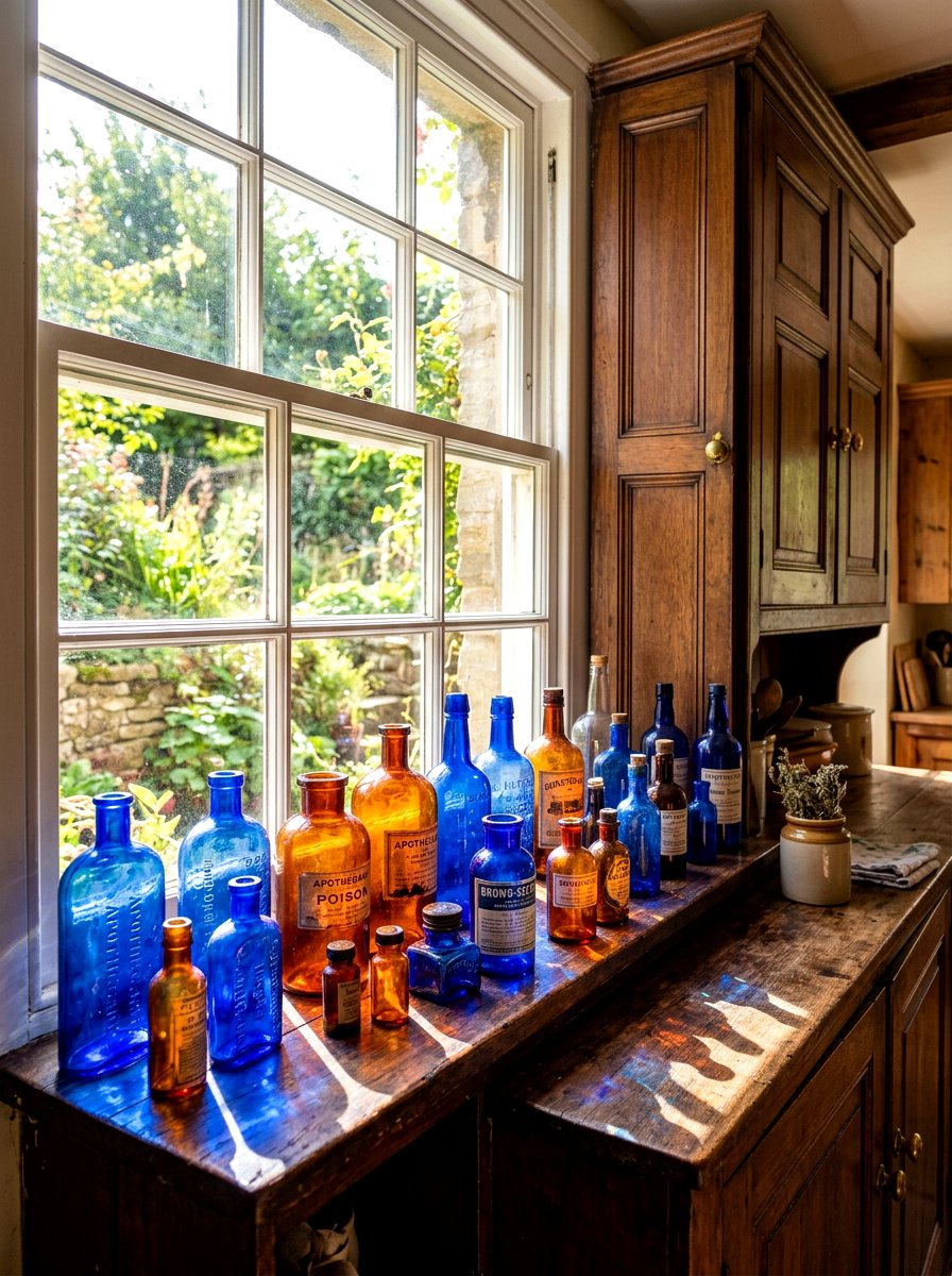 Windowsill Vintage Bottle Collection - 30 windowsill kitchen decor ideas