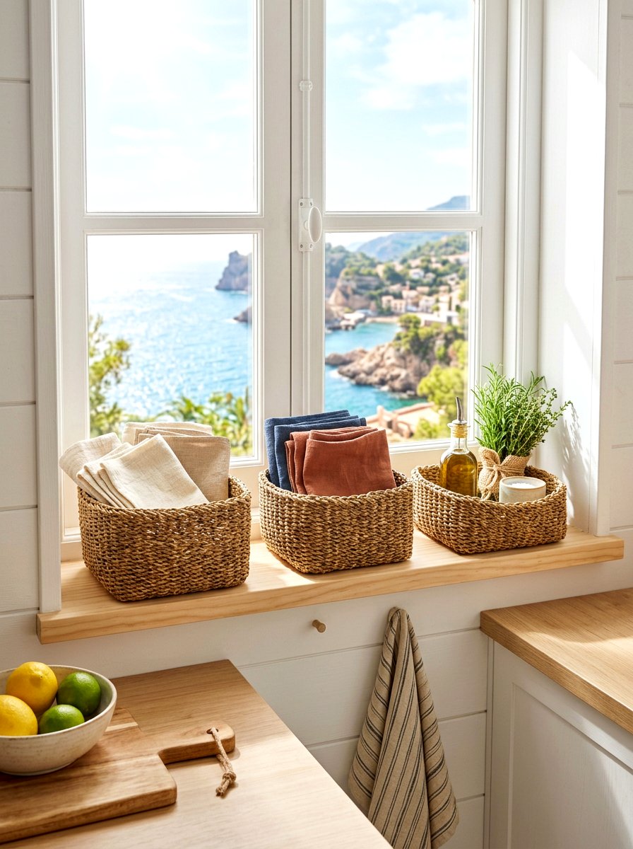 Windowsill Woven Basket Storage - 30 windowsill kitchen decor ideas