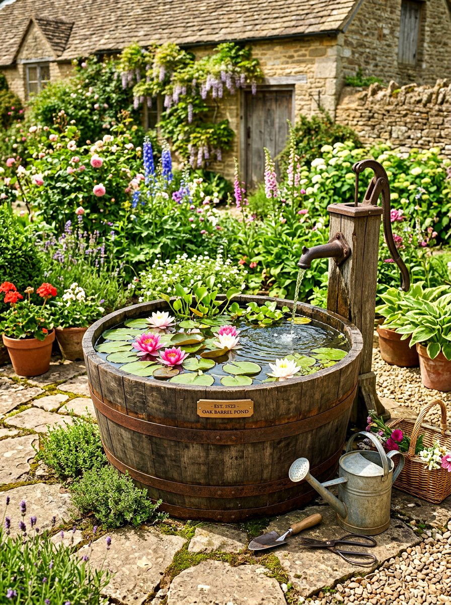 Wine Barrel Pond - 30 water feature landscaping ideas