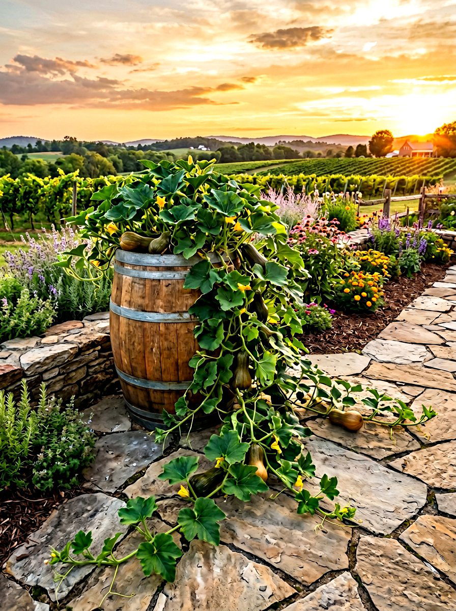 Wine Barrel Squash Garden - 30 container vegetable garden ideas