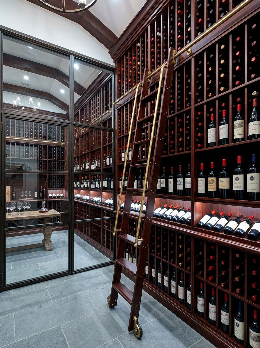 Wine cellar wall with ladder - 30 library ladder ideas