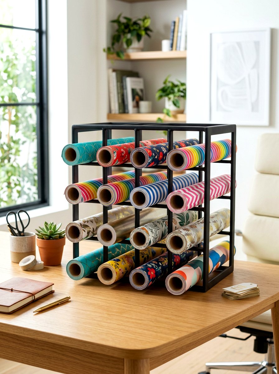 Wine rack wrapping paper storage - 30 wrapping paper storage ideas
