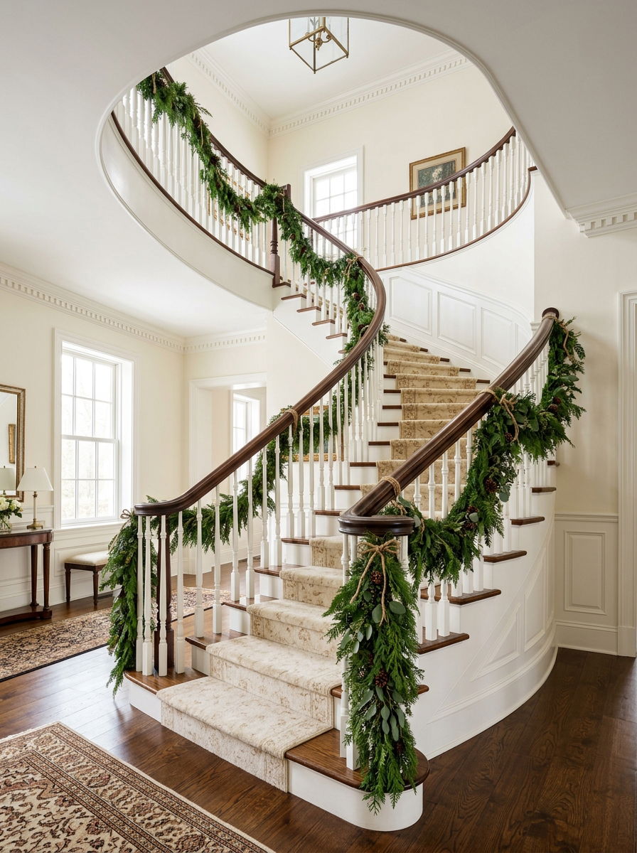 Winter Greenery Staircase - 30 winter greenery decor ideas