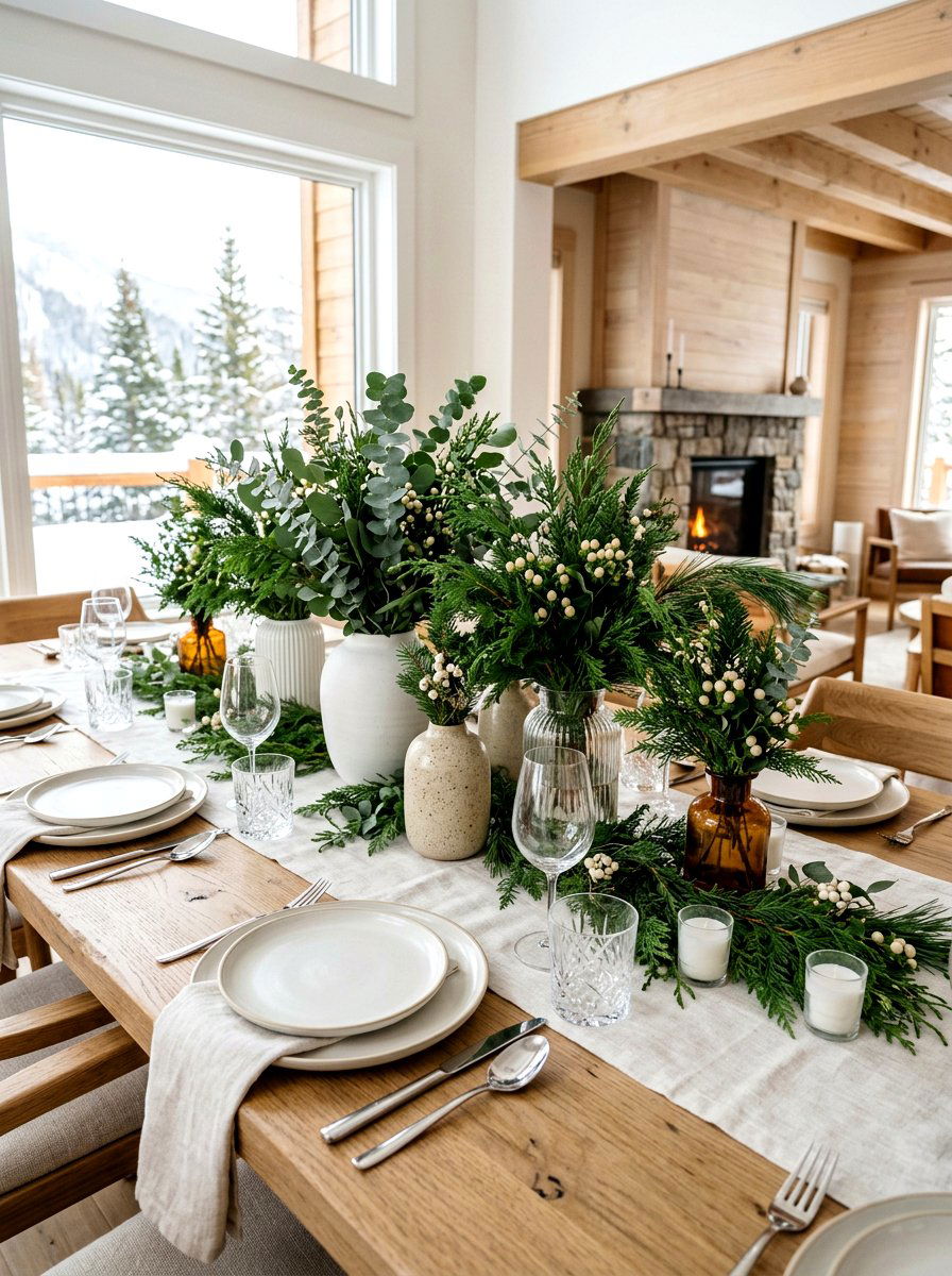 Winter Greenery Table - 30 ski lodge holiday decor ideas