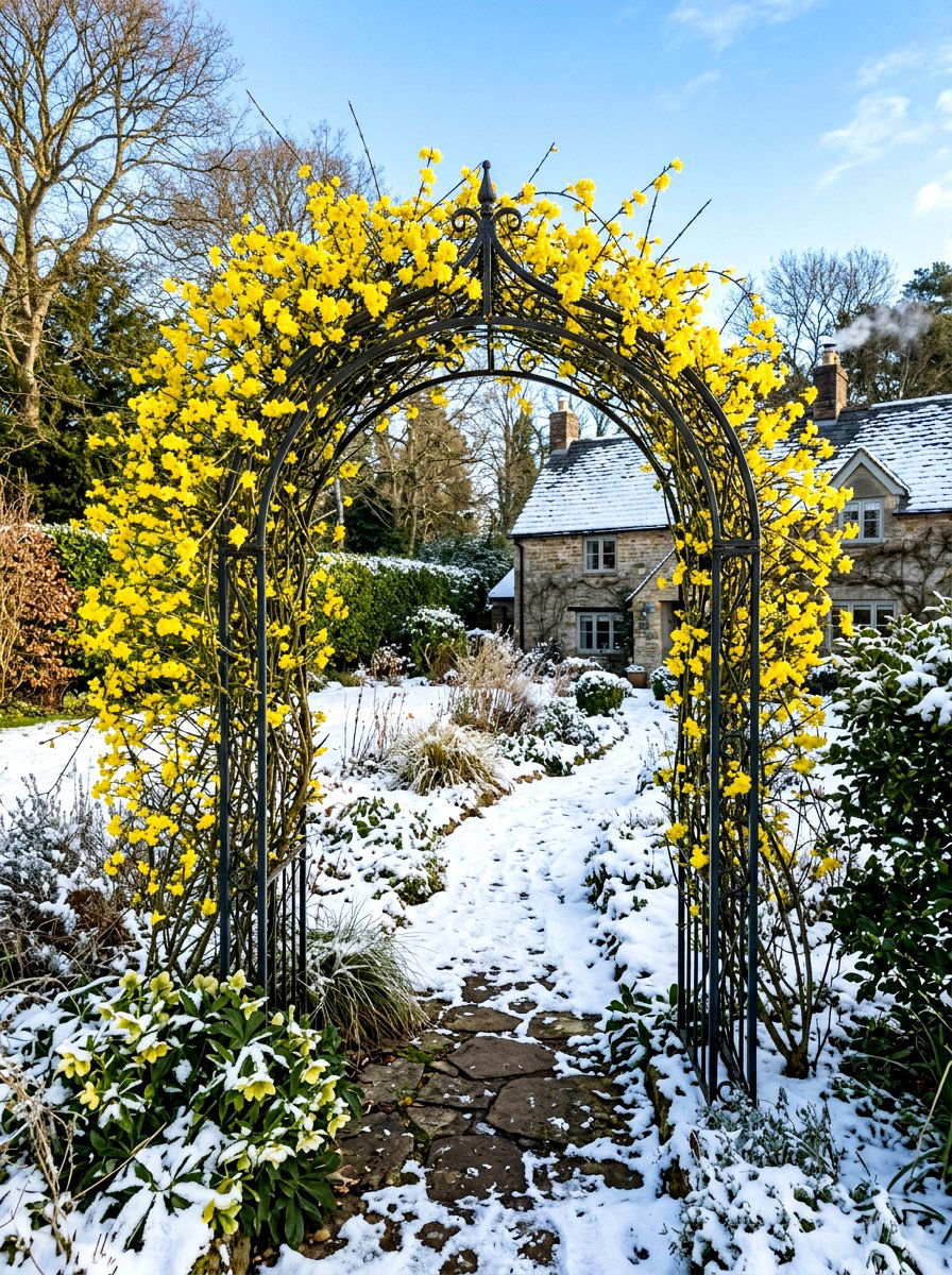 Winter Jasmine Yellow Arch - 30 climbing archway ideas