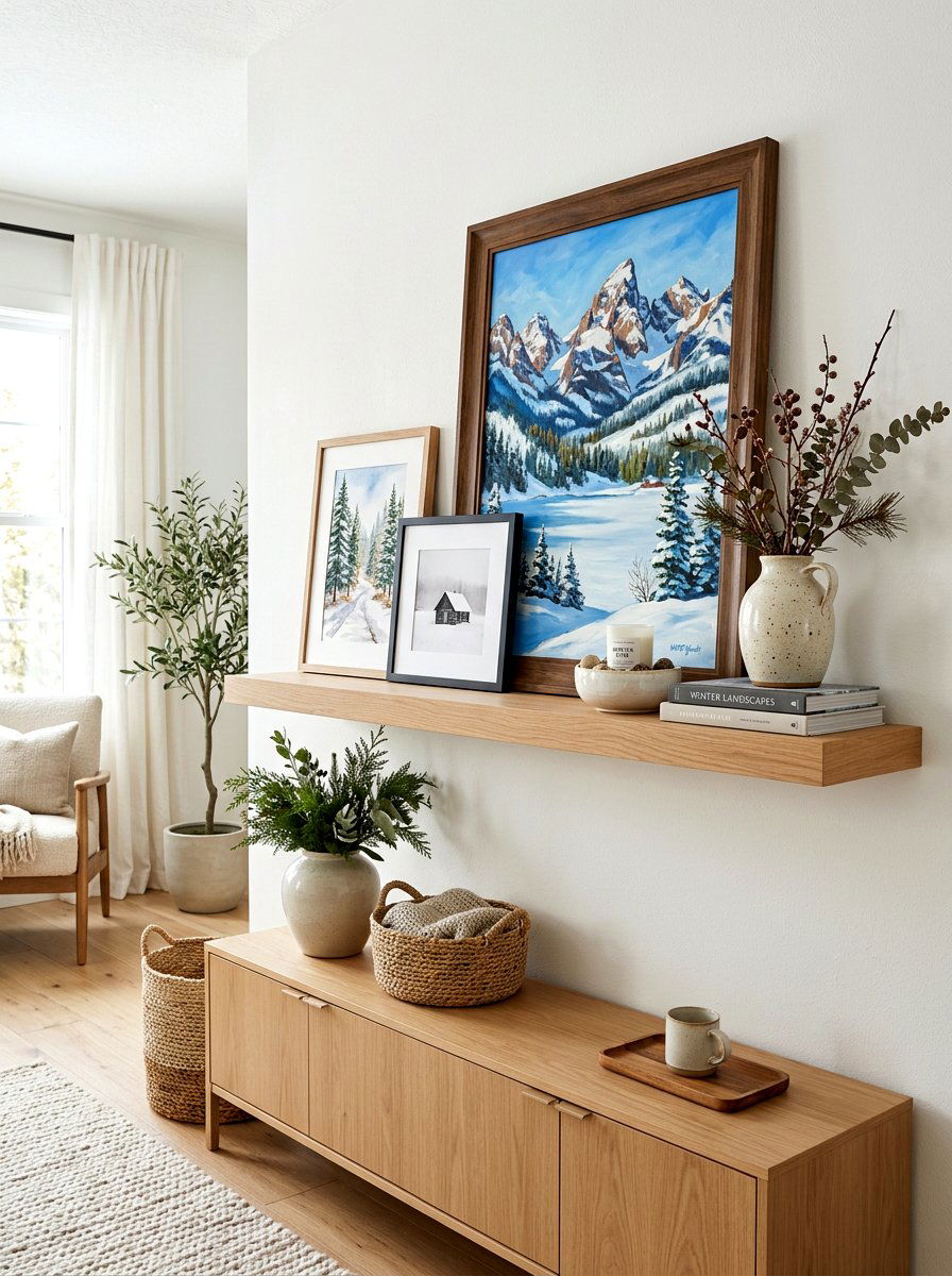 Winter Landscape Painting Shelf - 30 winter shelf styling ideas