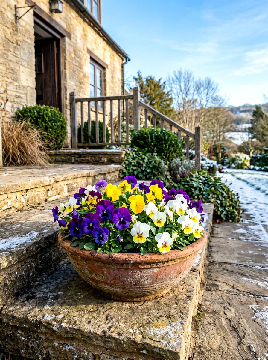 Winter Pansies Low Bowl - 30 winter porch planter ideas