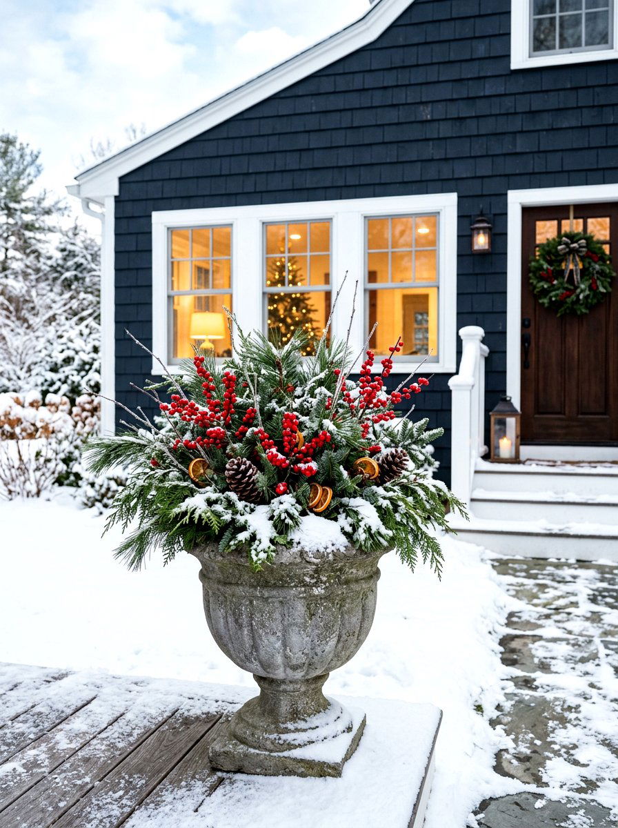 Winter evergreen porch urn - 30 porch urn planter ideas