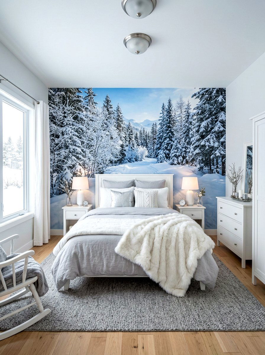 Winter forest wall mural - 30 landscape mural bedroom ideas