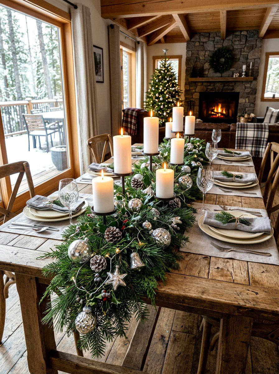 Winter greenery table garland - 30 New Year table decor ideas