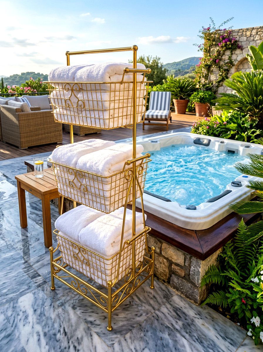 Wire Basket Stand - 30 outdoor towel storage ideas