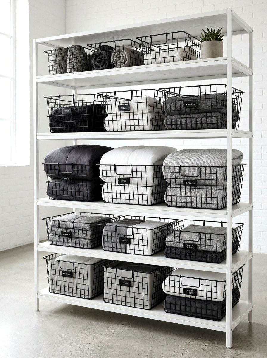 Wire Basket Storage - 30 linen cupboard styling ideas