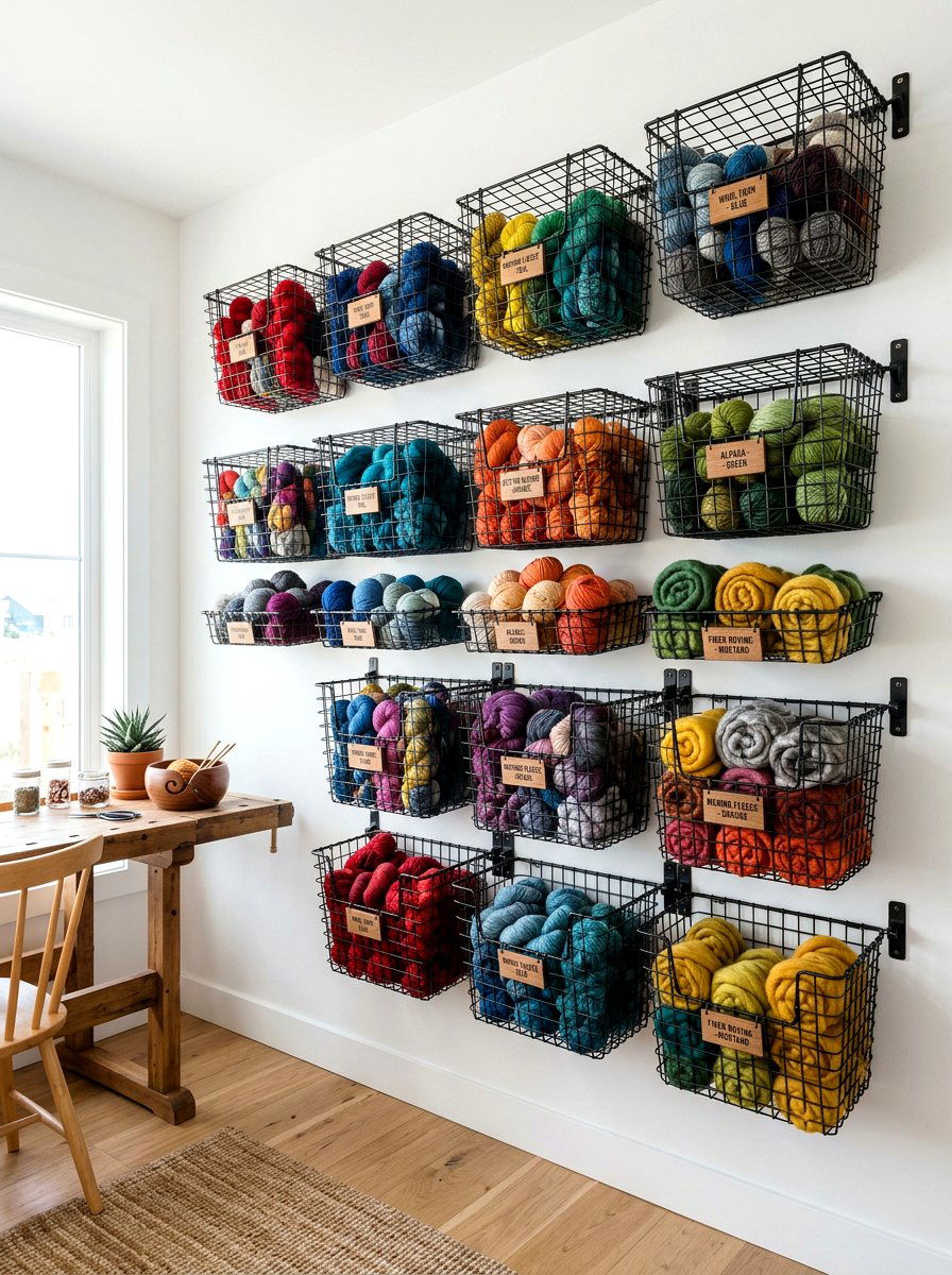 Wire Basket Wall - 30 sewing storage ideas
