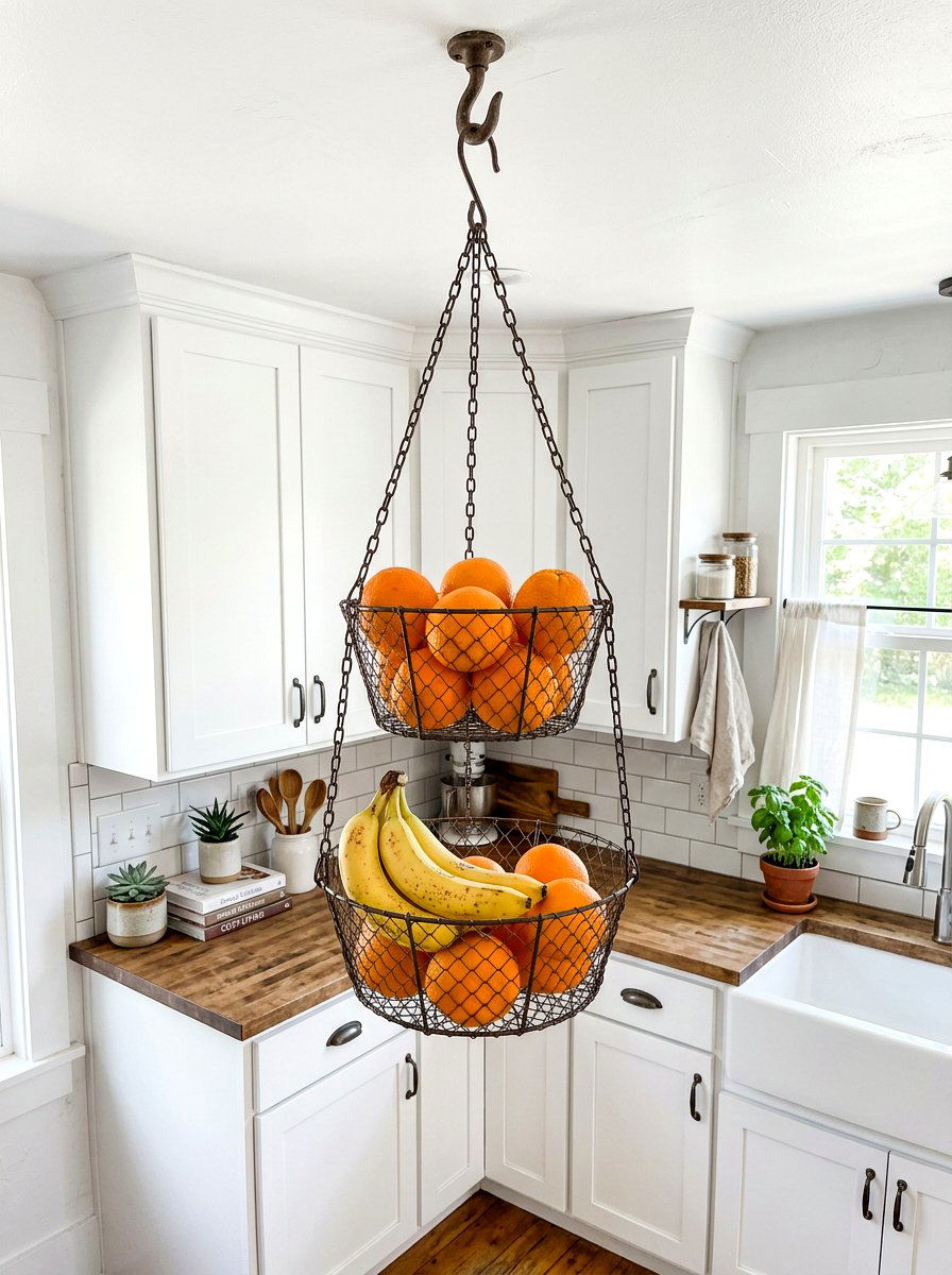 Wire Hanging Basket - 30 tiny apartment kitchen ideas