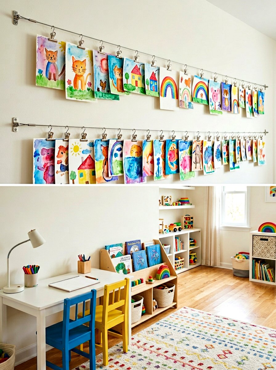 Wire Picture Hanging System - 30 kids art display ideas