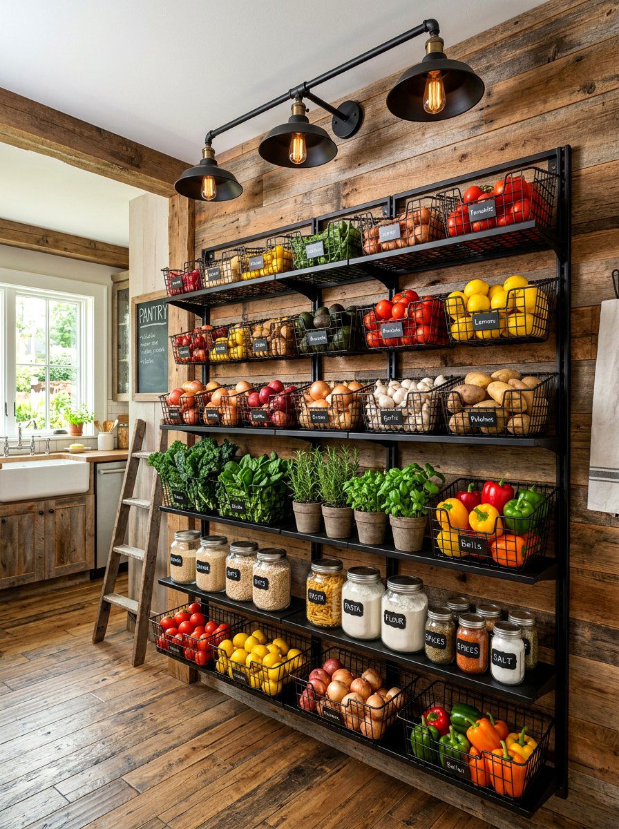 Wire basket pantry shelving - 30 farmhouse pantry shelving ideas