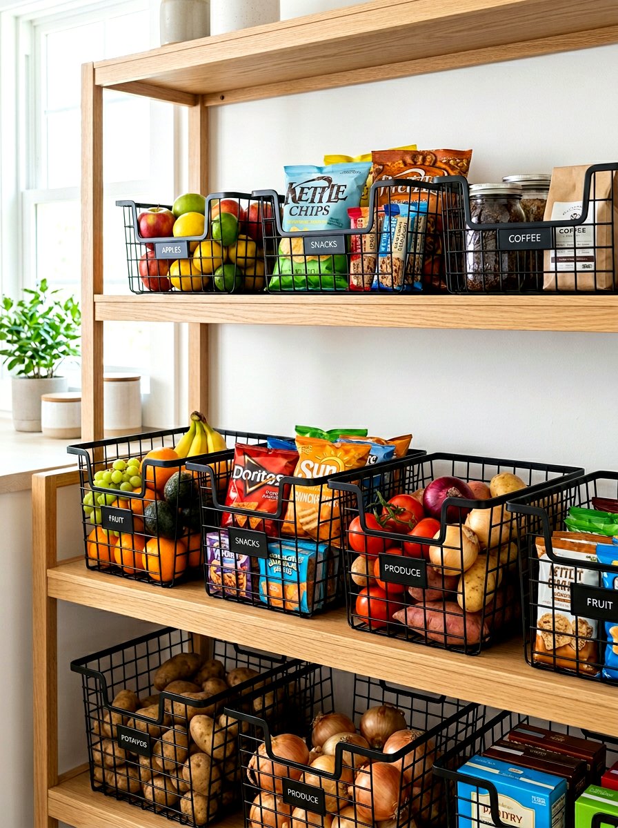 Wire basket storage - 30 pantry snack zone ideas
