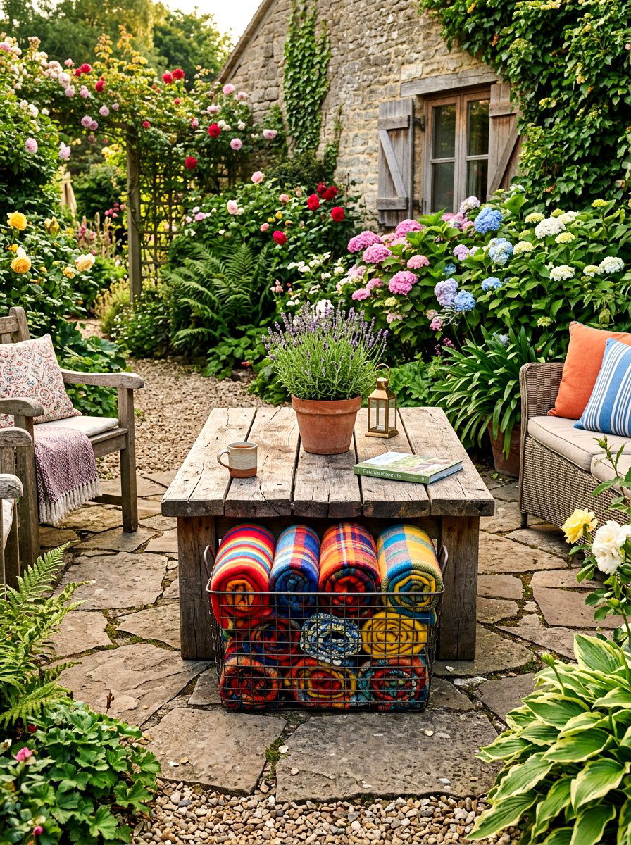 Wire basket under table - 30 outdoor blanket storage ideas