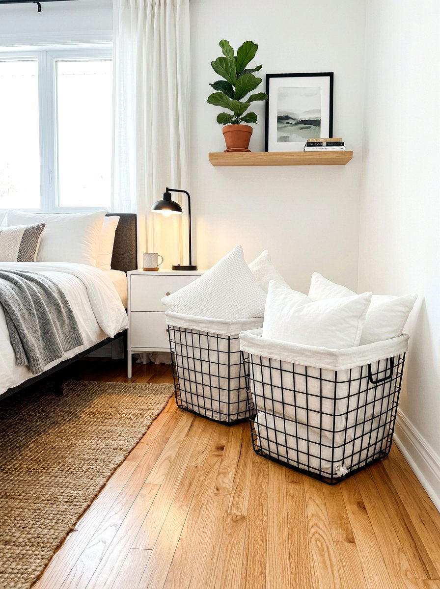 Wire baskets for pillows - 30 bedding storage ideas