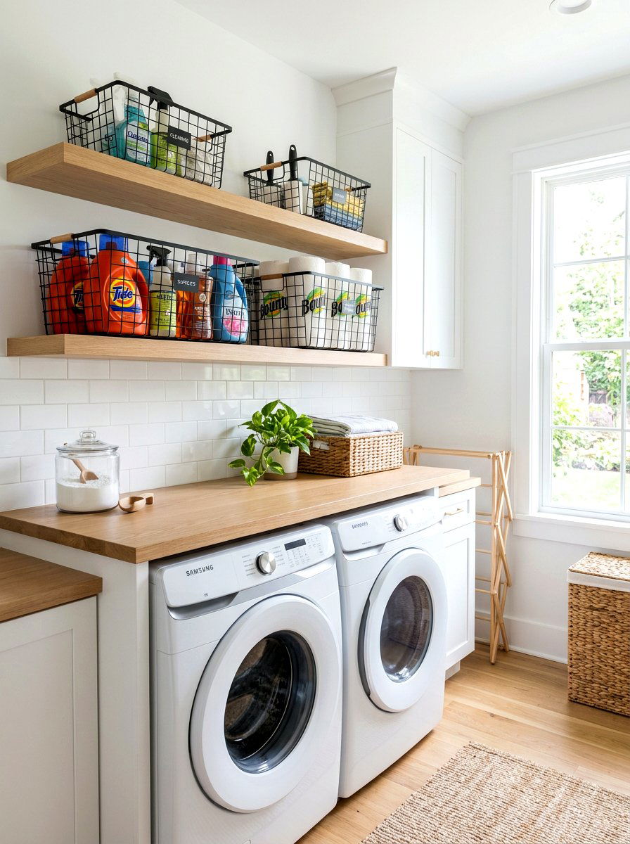 Wire baskets for utility shelving - 30 cleaning supply storage ideas