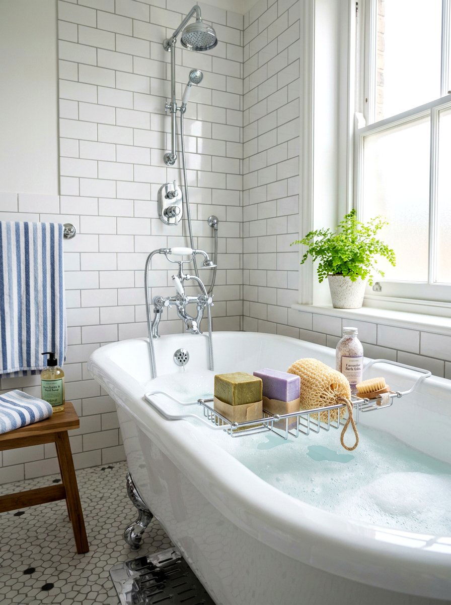 Wire bath caddy - 30 tub tray styling ideas