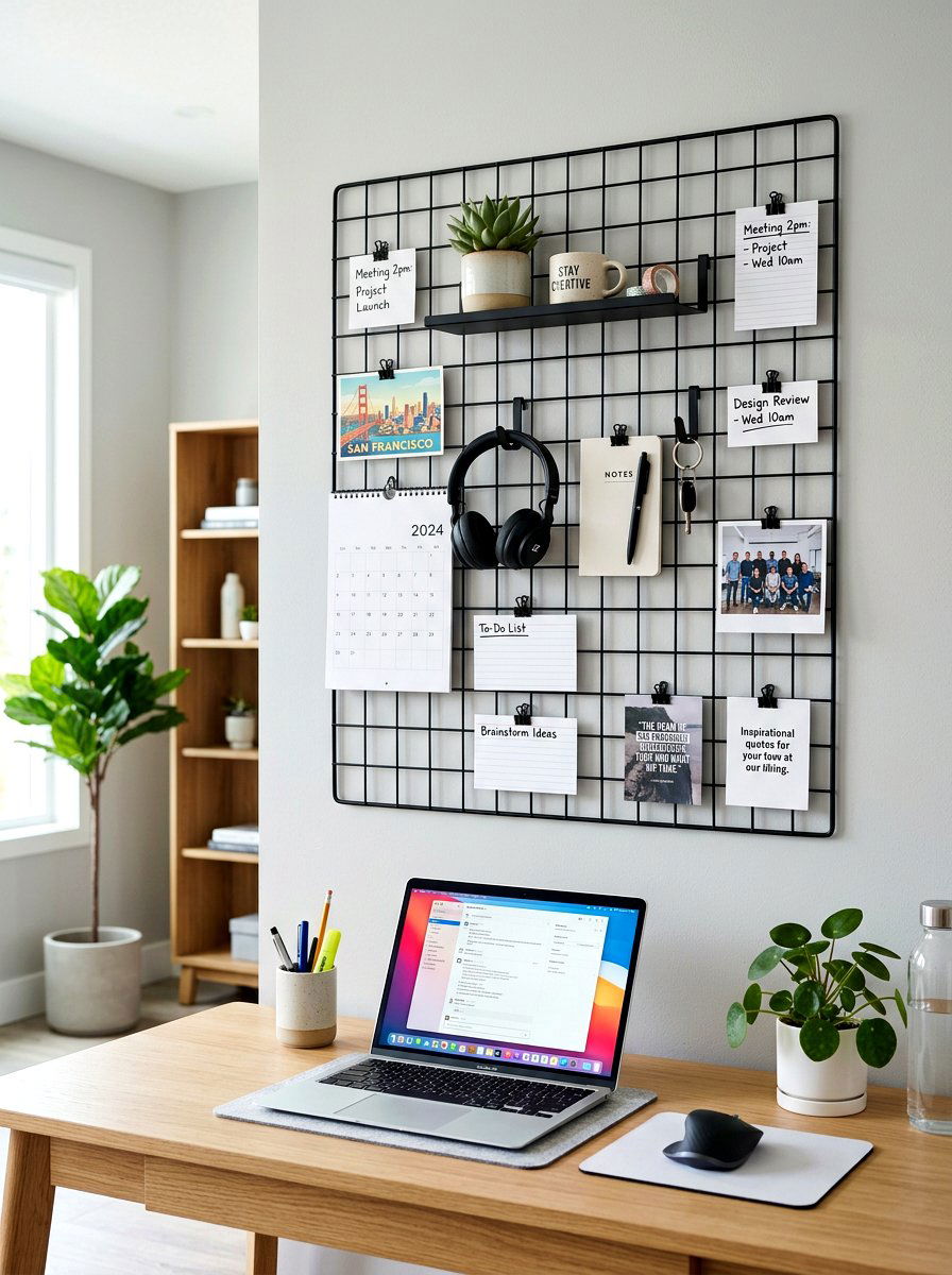 Wire grid wall organizer - 30 renter friendly home office ideas
