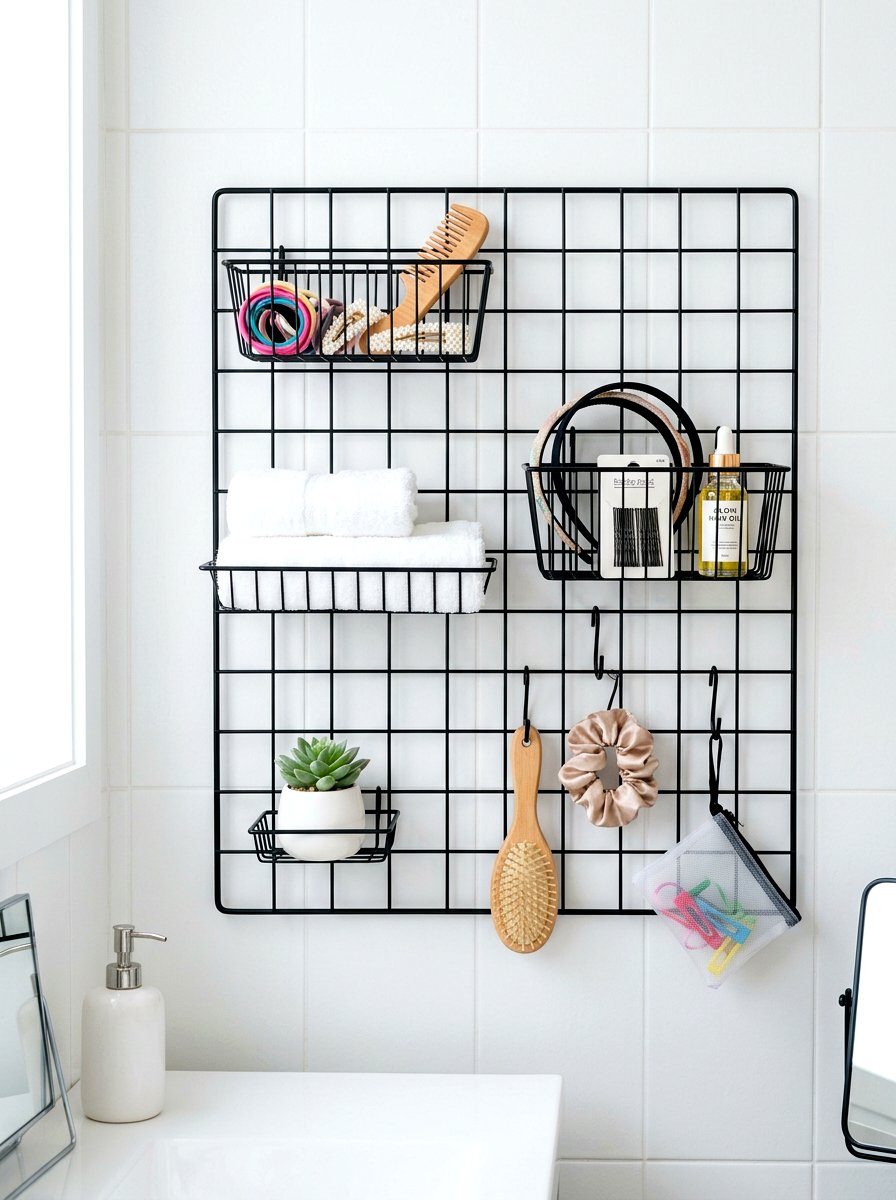 Wire grid wall storage - 30 renter safe bathroom shelf ideas