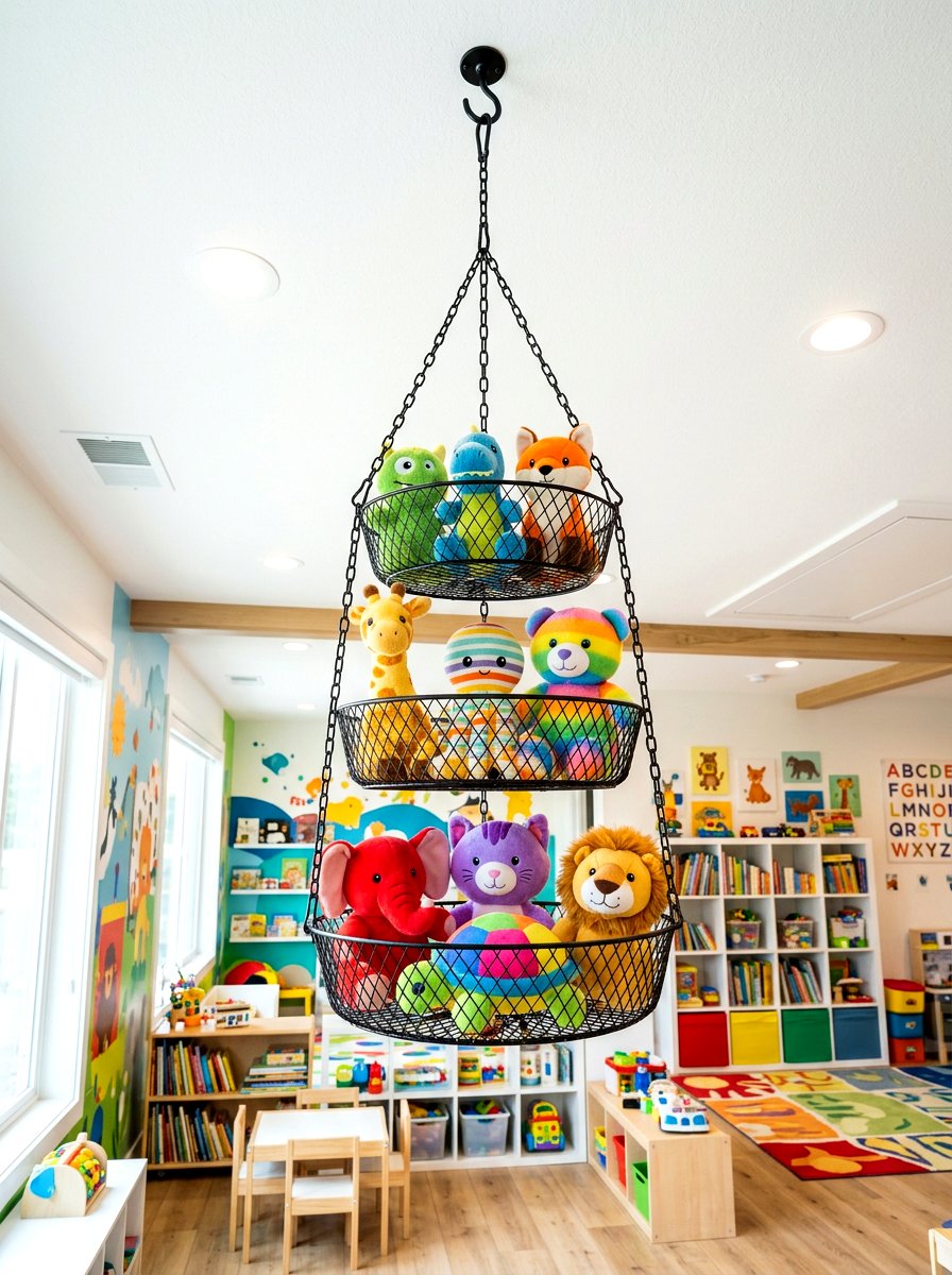 Wire hanging basket - 30 stuffed animal storage ideas