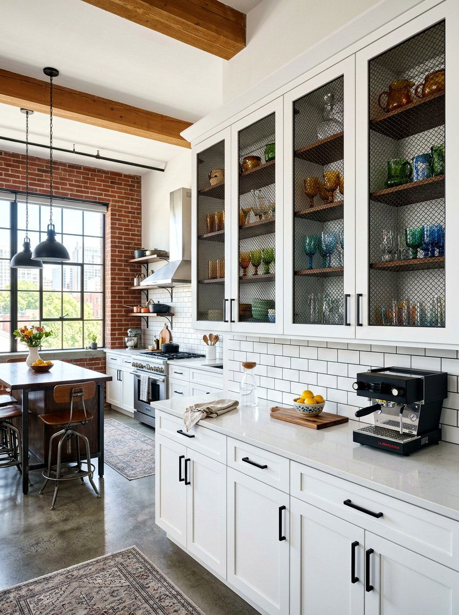Wire mesh cabinet inserts - 30 industrial farmhouse kitchen ideas