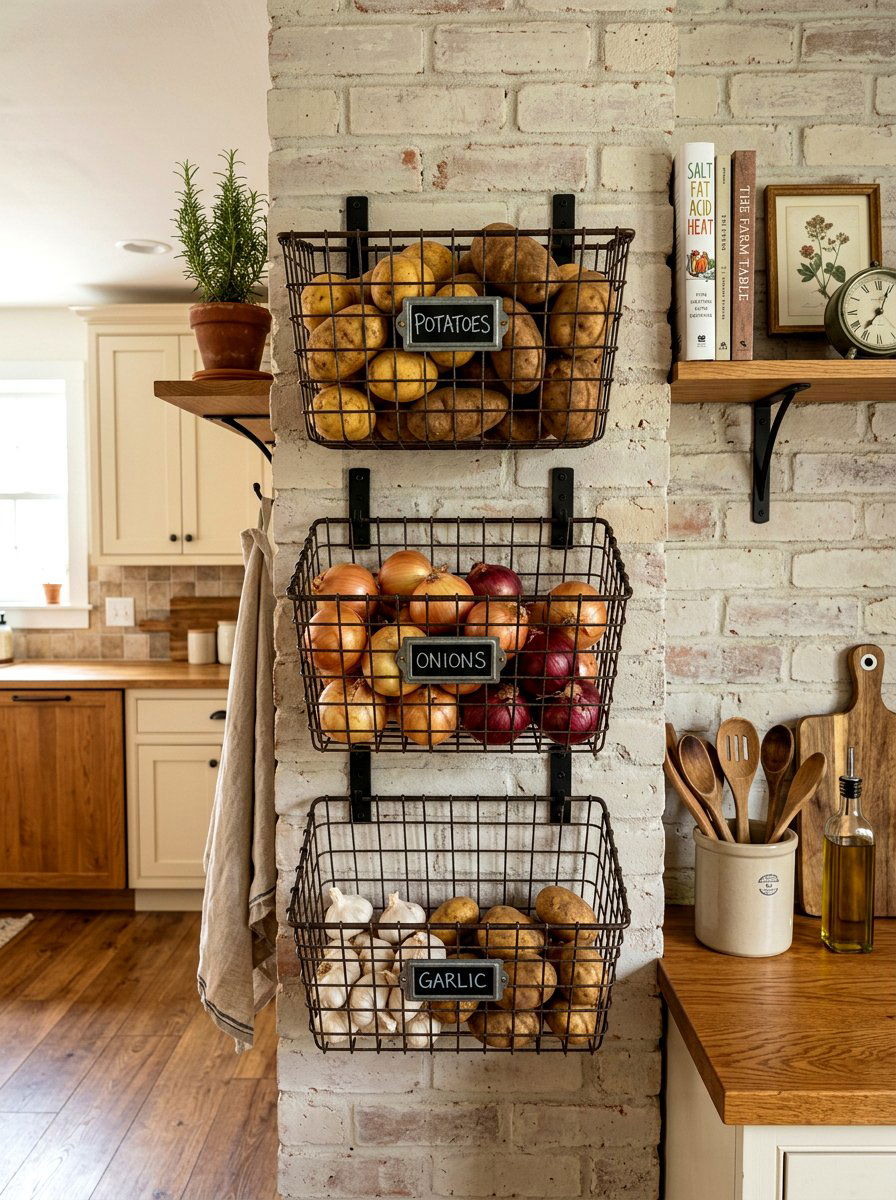 Wire wall baskets - 30 renter friendly kitchen storage ideas