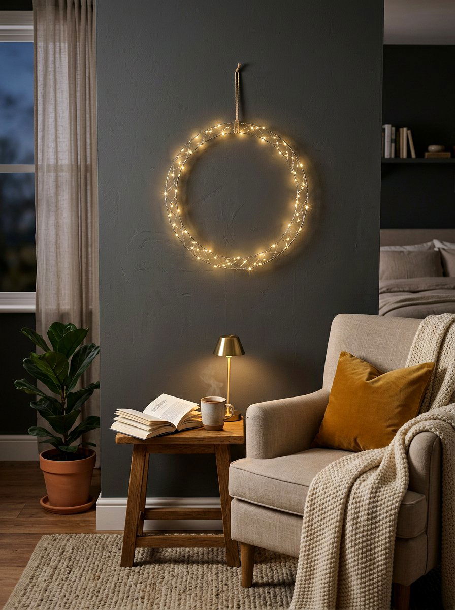 Wire wreath with lights - 30 wreath wall display ideas