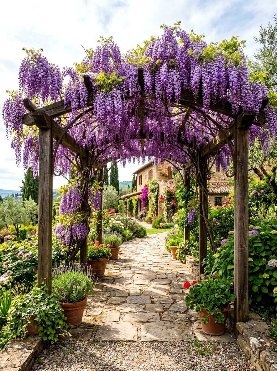 Wisteria Covered Arbor - 30 Tuscan patio ideas