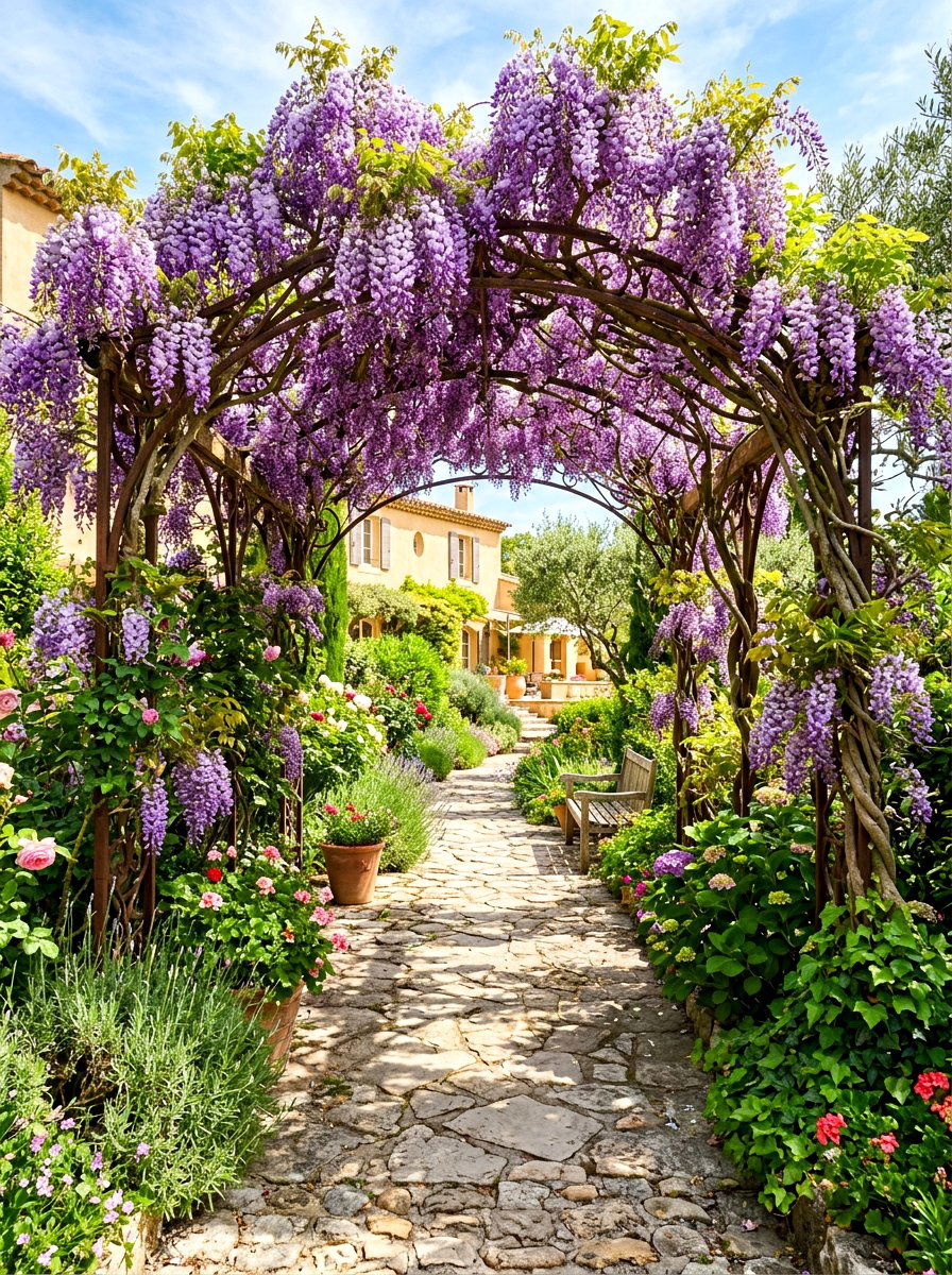 Wisteria Covered Garden Arbor - 30 Tuscan revival patio ideas