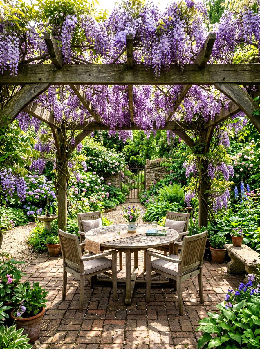 Wisteria Covered Pergola - 30 outdoor breakfast pergola ideas